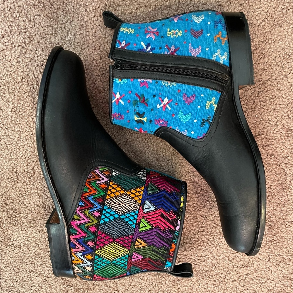 Custom leather booties, black w/ textile panels